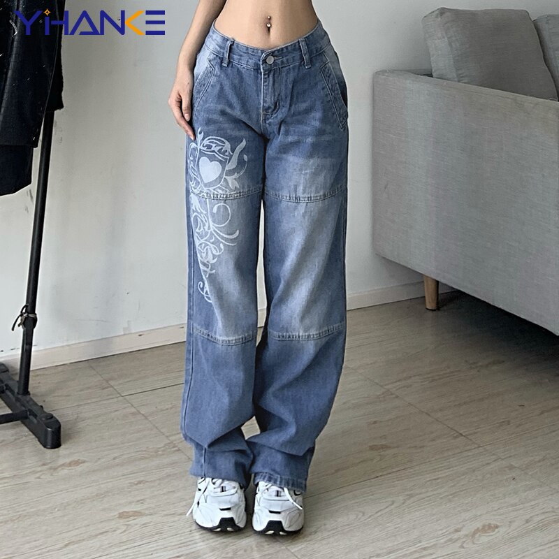 Harajuku Printed Cargo Jeans Y2K Dark Blue Brown High Waist Streetwear 90S Baggy Jeans Women Pants Straight Wide Leg